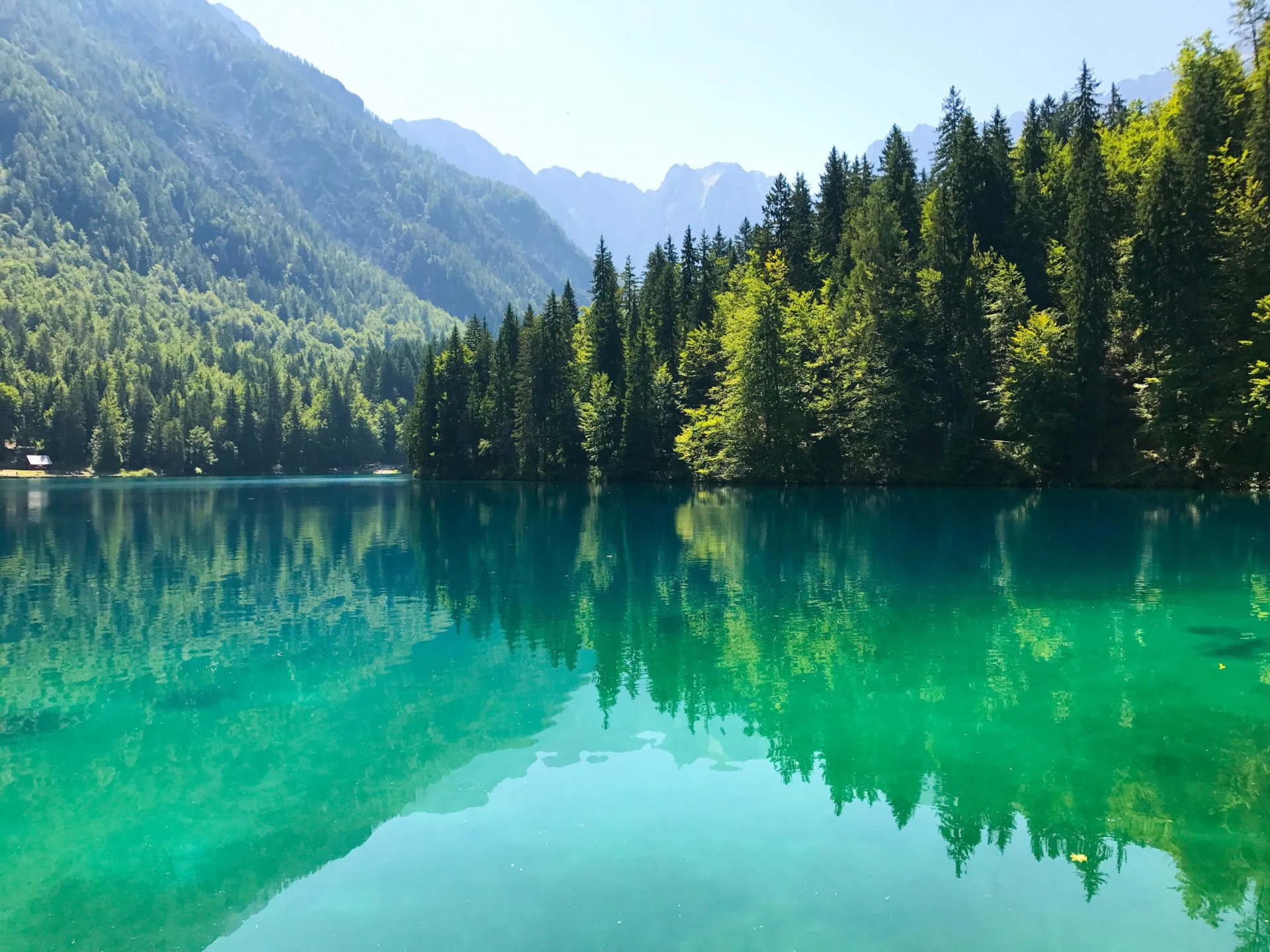 Turquoise alpine lake reflecting dense green forest and hazy mountains, Lacs de Fusine.
