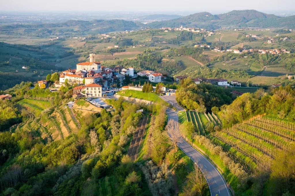 Hilltop village with vineyards and winding road in Goriška Brda region.