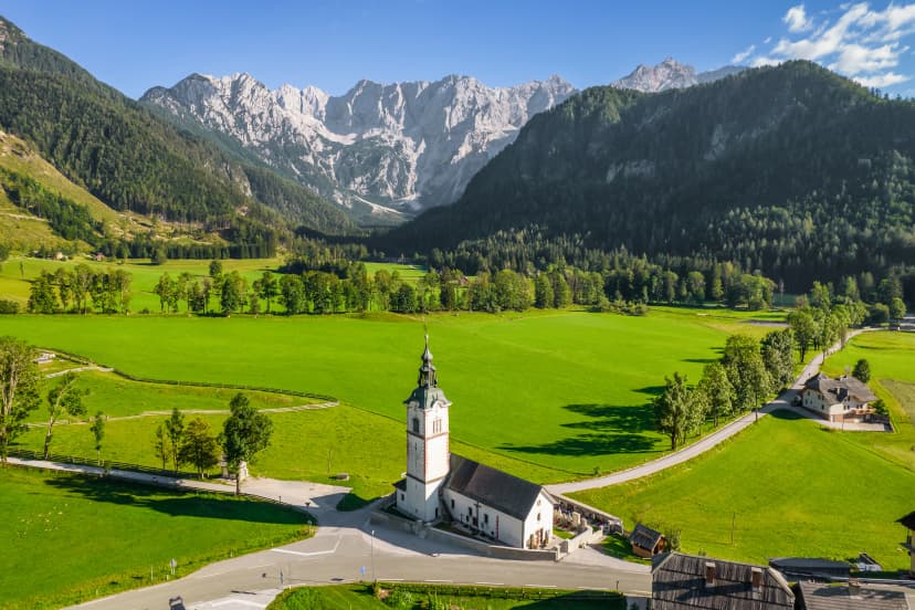 Idyllic Alpine landscape with a church in Zgornje Jezersko, Slovenia