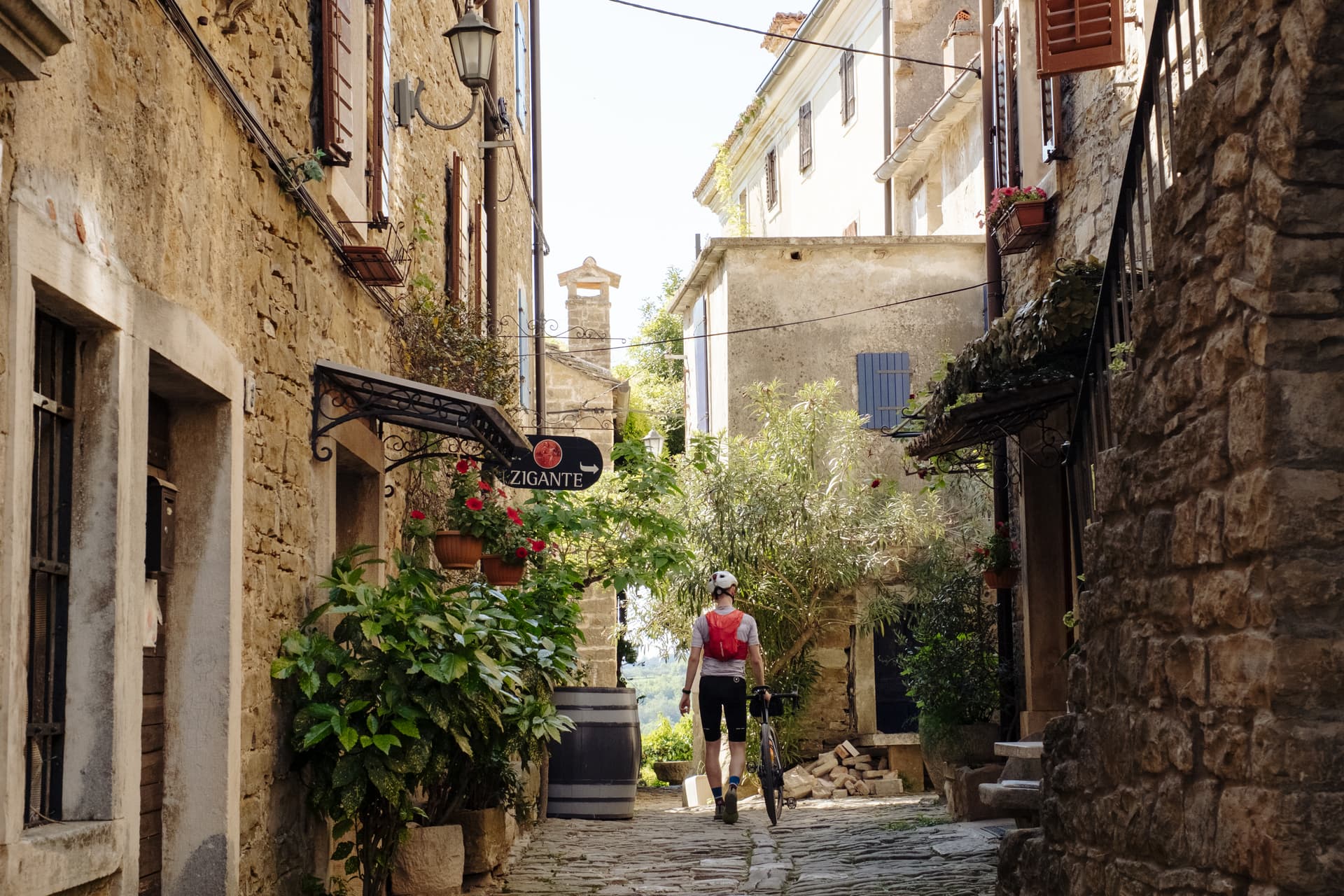 Cyclist walking a bicycle down a narrow, cobblestone alley between stone buildings with plants.